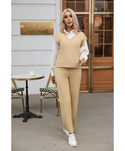 Women's 2 Piece Outfits Sweater Vest Lounge Set V Neck Sleeveless Sweaters Wide Leg Pants Sweatsuit Apricot $21.41 Activewear