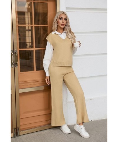 Women's 2 Piece Outfits Sweater Vest Lounge Set V Neck Sleeveless Sweaters Wide Leg Pants Sweatsuit Apricot $21.41 Activewear