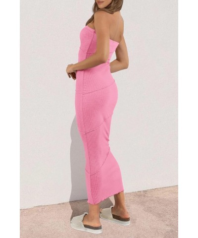 Women's Ribbed Maxi Bodycon Dress Summer Strapless Tube Y2K Party Club Long Dresses Pink $22.50 Dresses