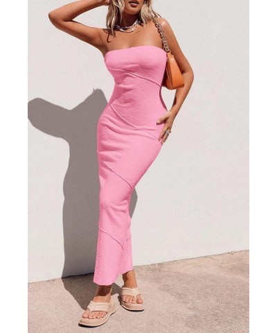 Women's Ribbed Maxi Bodycon Dress Summer Strapless Tube Y2K Party Club Long Dresses Pink $22.50 Dresses