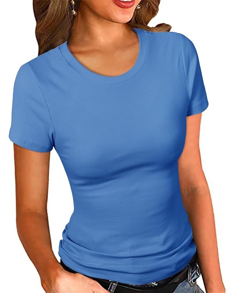 Women's Crew Neck Ribbed Fitted Shirt Basic Short Sleeves Summer T Shirt Tops Royal Blue $13.39 T-Shirts