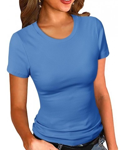 Women's Crew Neck Ribbed Fitted Shirt Basic Short Sleeves Summer T Shirt Tops Royal Blue $13.39 T-Shirts