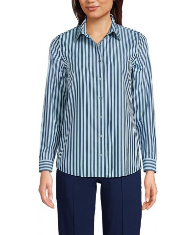 Women's Wrinkle Free No Iron Button Front Shirt Navy/Soft Blue Haze Stripe $25.62 Blouses