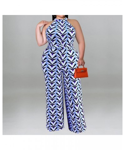 Women's Sexy Plus Size Floral Sleeveless Wide Leg Pockets Cocktail Halter Neck Jumpsuit with Belt 155 Blue $22.25 Jumpsuits