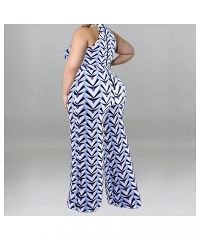 Women's Sexy Plus Size Floral Sleeveless Wide Leg Pockets Cocktail Halter Neck Jumpsuit with Belt 155 Blue $22.25 Jumpsuits