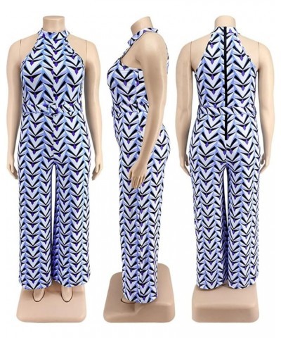 Women's Sexy Plus Size Floral Sleeveless Wide Leg Pockets Cocktail Halter Neck Jumpsuit with Belt 155 Blue $22.25 Jumpsuits