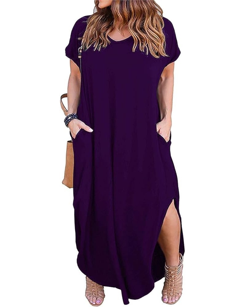 Women's Plus Size Maxi Dresses V Neck Casual Short Sleeve Loose Pocket Slits Long Dress XL-5XL Purple $19.37 Dresses