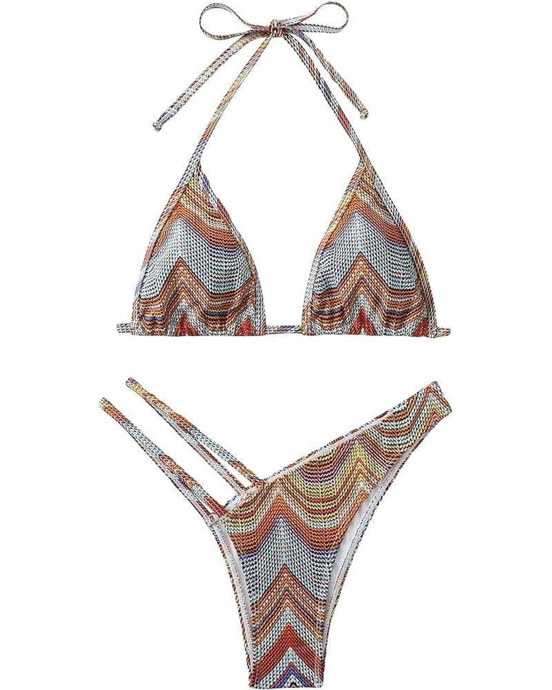 Women's 2 Piece Striped Triangle Bikini Sets High Cut Halter Swimsuit Bathing Suit Multicolor $19.27 Swimsuits