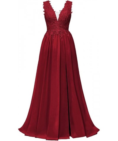 V Neck Chiffon Bridesmaid Dresses for Wedding 2023 Lace Appliques Prom Dresses Long Slit Evening Party Gowns Dark Red $45.04 ...