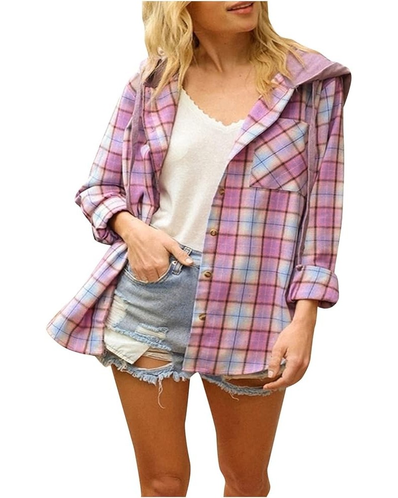 Women's Fashion Color Block Plaid Flannel Shacket Jacket Casual Long Sleeve Button Down Shirt Lounge Fall Coat Tops Baodan-a0...