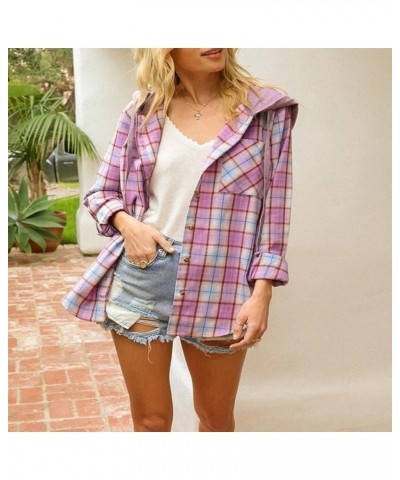 Women's Fashion Color Block Plaid Flannel Shacket Jacket Casual Long Sleeve Button Down Shirt Lounge Fall Coat Tops Baodan-a0...