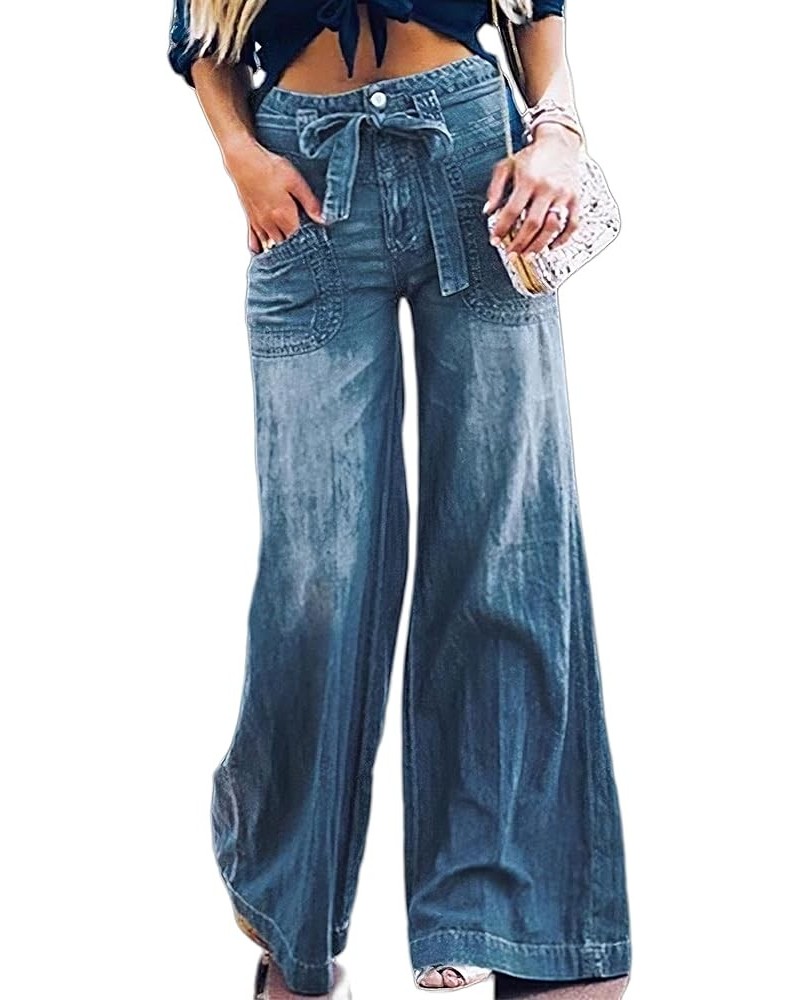 Women's High Waisted Wide Leg Jeans Flare Baggy Jean Loose Fit Denim Pants with Belt Blue $14.35 Jeans