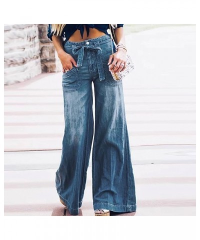 Women's High Waisted Wide Leg Jeans Flare Baggy Jean Loose Fit Denim Pants with Belt Blue $14.35 Jeans