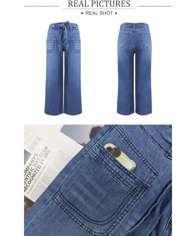 Women's High Waisted Wide Leg Jeans Flare Baggy Jean Loose Fit Denim Pants with Belt Blue $14.35 Jeans