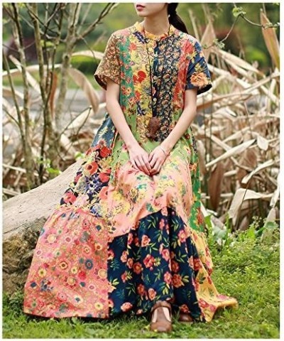 Womens Summer Long Beach Dress Bohemian Style Patchwork Chic Vestidos Yellow $31.28 Dresses