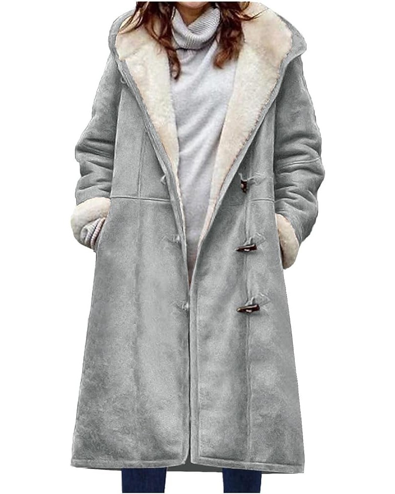 Sherpa Lined Jacket Women Winter Horn Button Hooded Coat Warm Fleece Thickened Jacket Casual Parka Overcoat 03gray $9.79 Jackets