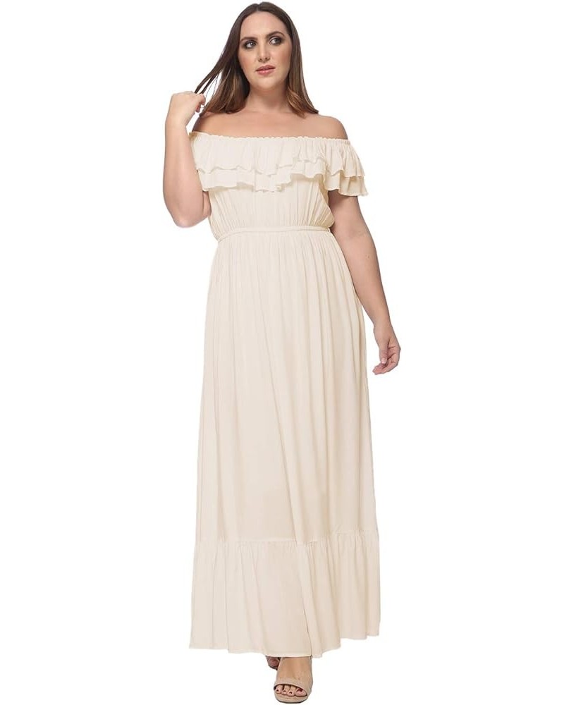 Women's Plus Size Boho Ruffle Off Shoulder Stretchy Maxi Long Dress Beige $22.77 Dresses