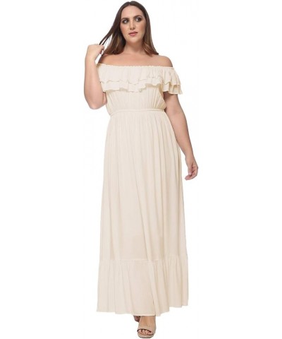 Women's Plus Size Boho Ruffle Off Shoulder Stretchy Maxi Long Dress Beige $22.77 Dresses