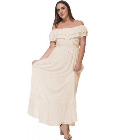 Women's Plus Size Boho Ruffle Off Shoulder Stretchy Maxi Long Dress Beige $22.77 Dresses