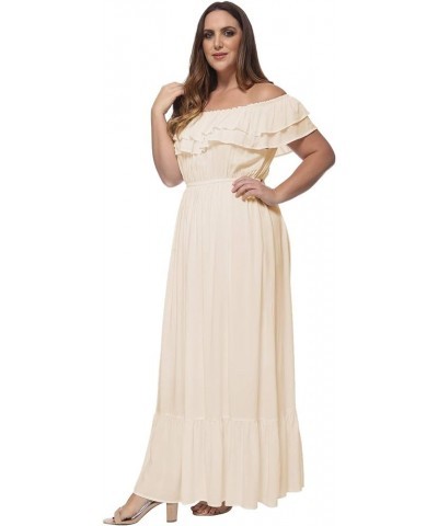 Women's Plus Size Boho Ruffle Off Shoulder Stretchy Maxi Long Dress Beige $22.77 Dresses