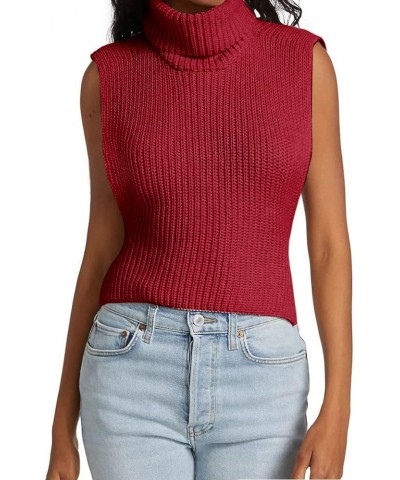 Womens Sleeveless Sweater Vest Turtleneck Ribbed Knit Tank Tops Basic Slim Fit Top Pomegranate Red $17.15 Sweaters