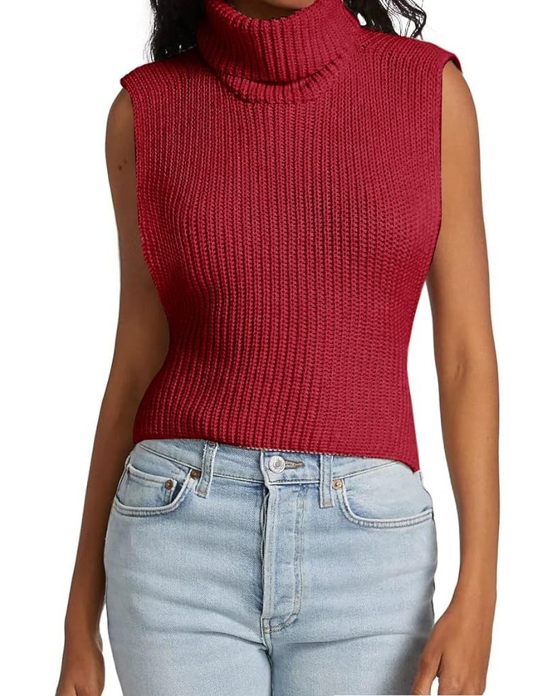 Womens Sleeveless Sweater Vest Turtleneck Ribbed Knit Tank Tops Basic Slim Fit Top Pomegranate Red $17.15 Sweaters