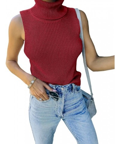 Womens Sleeveless Sweater Vest Turtleneck Ribbed Knit Tank Tops Basic Slim Fit Top Pomegranate Red $17.15 Sweaters