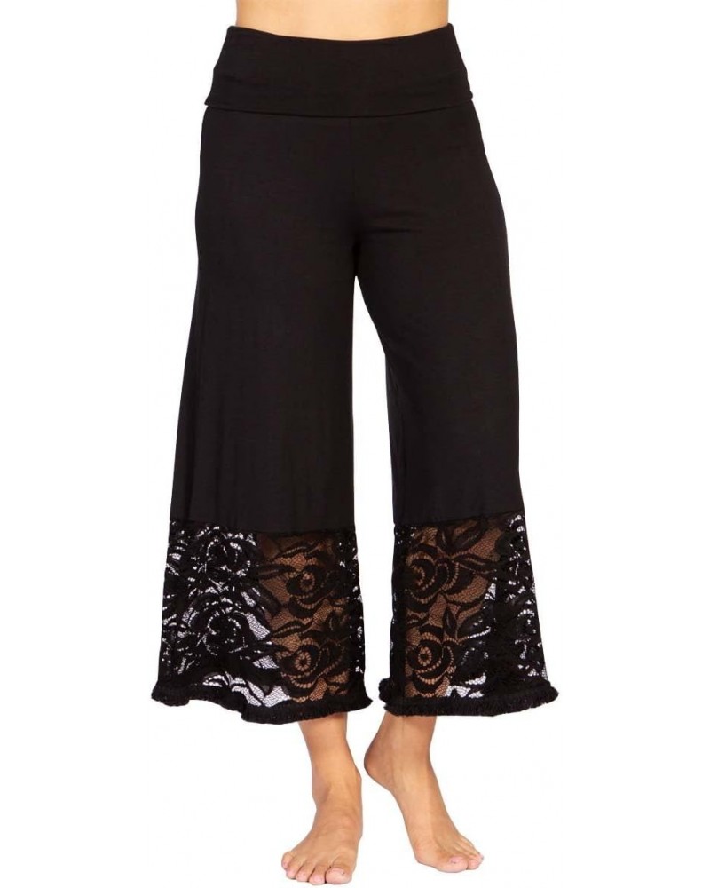 Plus Size Women's Casual Solid Lace Wide Leg Culotte Gaucho Capri Pants - Black - 3XL $17.39 Pants