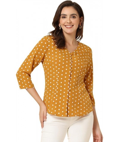 Women's Polka Dots 3/4 Sleeve Button Front Vintage Office Blouse Top Yellow $13.76 Blouses