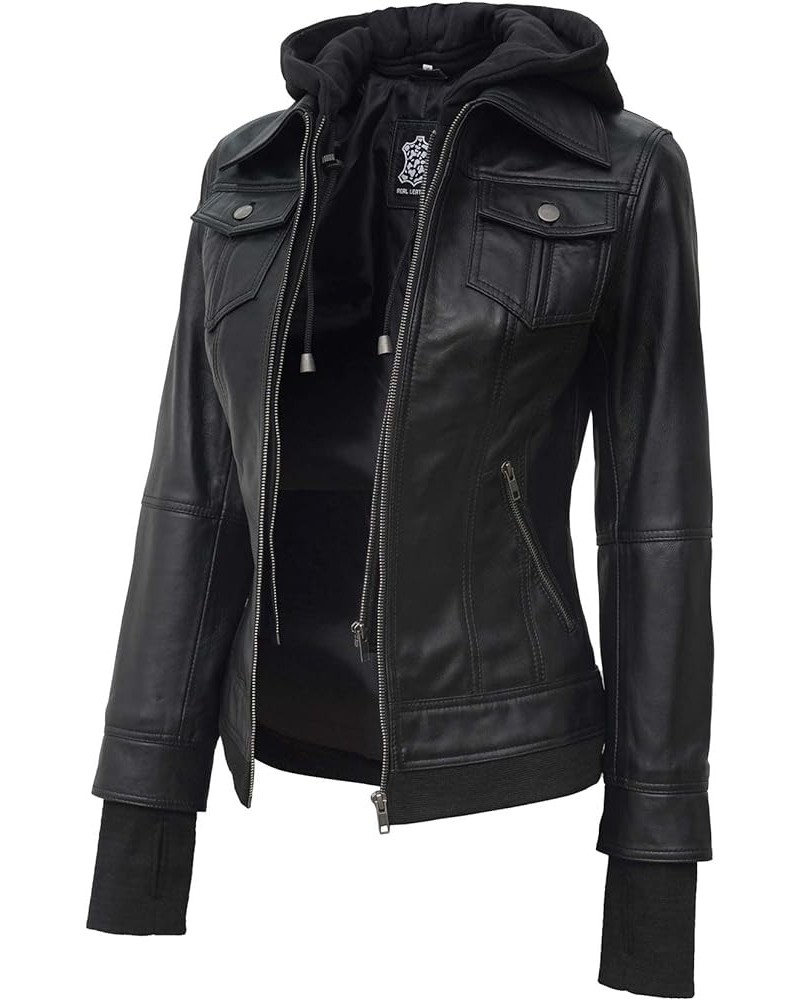 Leather Jacket Women - Real Lambskin Womens Leather Jackets with Removable Hood Black - Betty Jacket $60.06 Coats