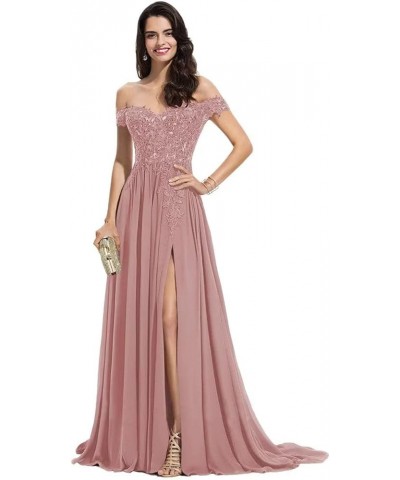 Off The Shoulder Long Prom Dresses with Slit Lace Appliques Chiffon Formal Evening Party Gowns for Women Dusty Rose $32.89 Dr...