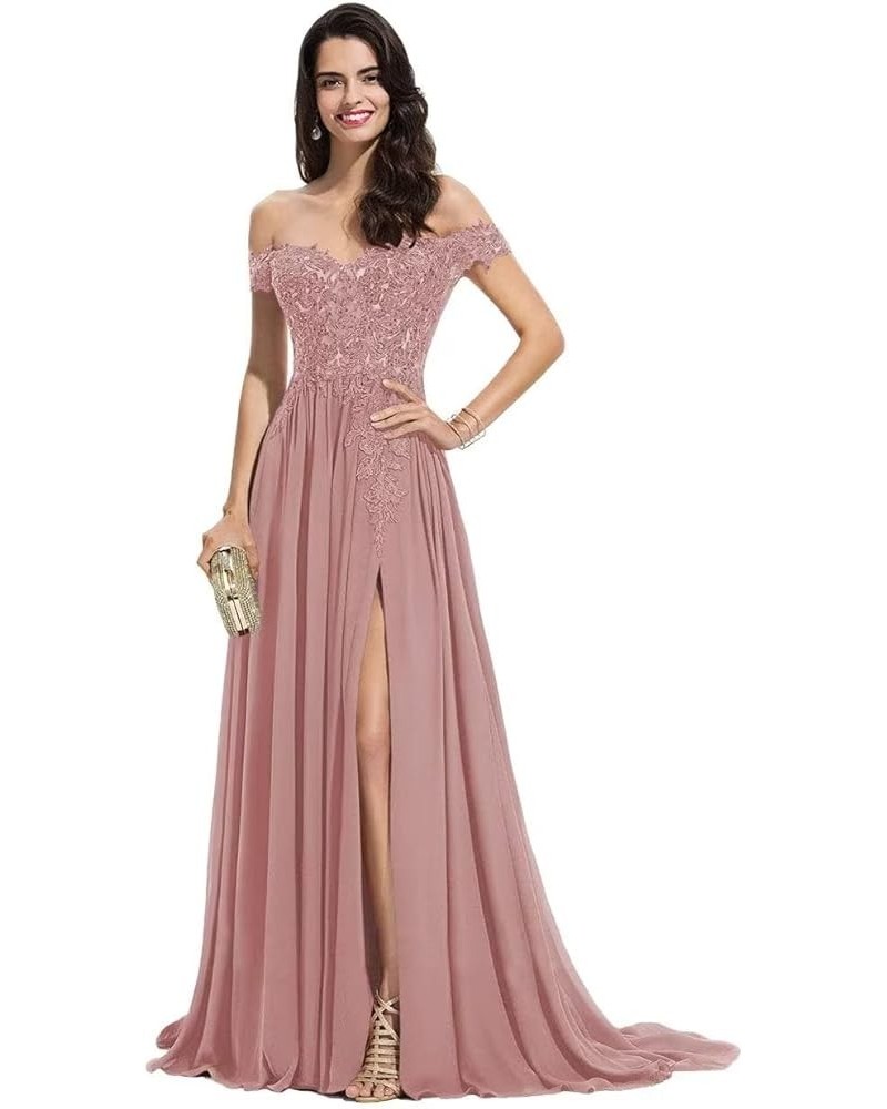 Off The Shoulder Long Prom Dresses with Slit Lace Appliques Chiffon Formal Evening Party Gowns for Women Dusty Rose $32.89 Dr...