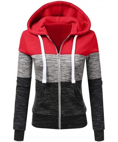 Womens Zip Up Hoodie Top Color Block Casual Hooded Sweatshirts Red Dark Gray $13.12 Hoodies & Sweatshirts