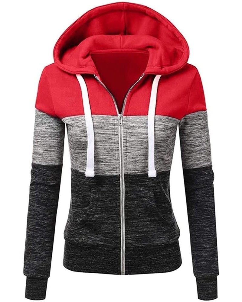 Womens Zip Up Hoodie Top Color Block Casual Hooded Sweatshirts Red Dark Gray $13.12 Hoodies & Sweatshirts