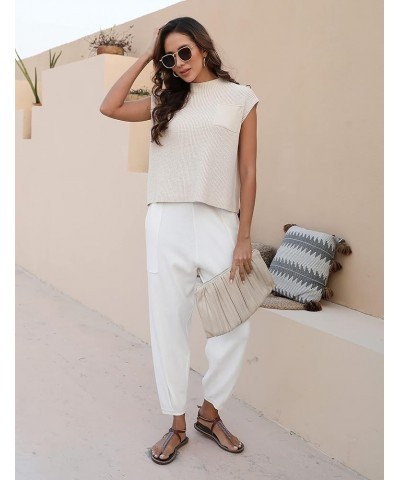 Women's Sweater Sets 2 Piece Outfits Knit Pullover Tops High Waist Pants Lounge Sets White $10.75 Activewear