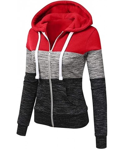 Womens Zip Up Hoodie Top Color Block Casual Hooded Sweatshirts Red Dark Gray $13.12 Hoodies & Sweatshirts