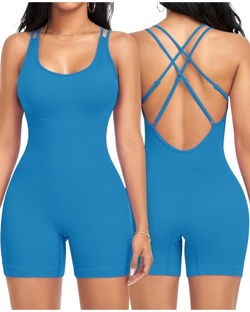 Women's Jumpsuits Seamless Ribbed Square Neck One Piece Yoga Workout Sleeveless Rompers Sexy Tank Top Shorts Strappy-blue $11...