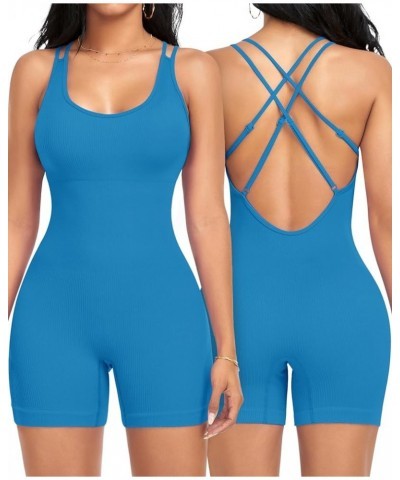 Women's Jumpsuits Seamless Ribbed Square Neck One Piece Yoga Workout Sleeveless Rompers Sexy Tank Top Shorts Strappy-blue $11...