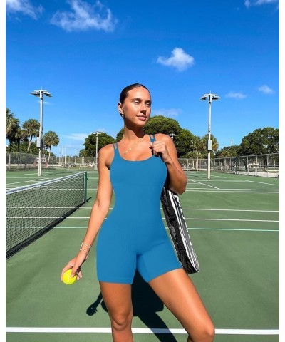 Women's Jumpsuits Seamless Ribbed Square Neck One Piece Yoga Workout Sleeveless Rompers Sexy Tank Top Shorts Strappy-blue $11...