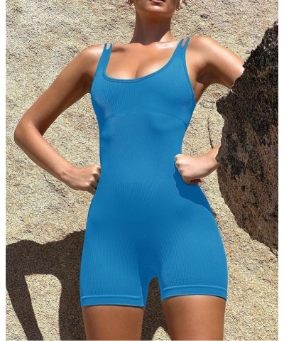 Women's Jumpsuits Seamless Ribbed Square Neck One Piece Yoga Workout Sleeveless Rompers Sexy Tank Top Shorts Strappy-blue $11...