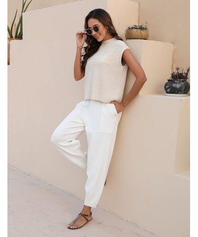 Women's Sweater Sets 2 Piece Outfits Knit Pullover Tops High Waist Pants Lounge Sets White $10.75 Activewear