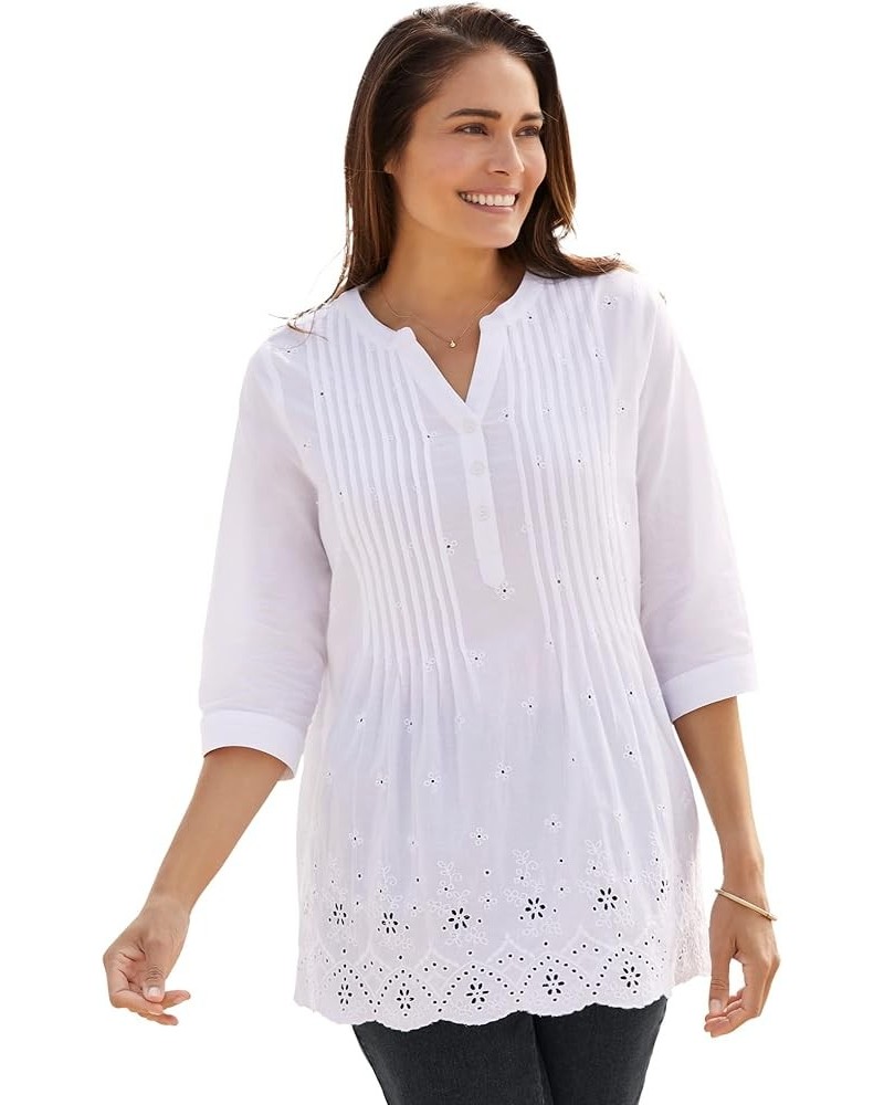 Women's Plus Size Embroidered Pintuck Tunic White Eyelet Embroidery $28.37 Tops