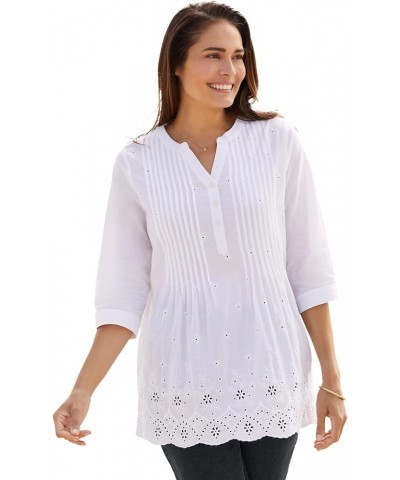 Women's Plus Size Embroidered Pintuck Tunic White Eyelet Embroidery $28.37 Tops