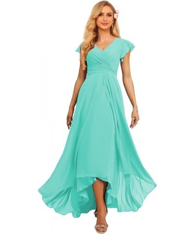 Womens Chiffon Bridesmaid Dresses Long with Pockets Pleated V Neck Formal Party Dress with Short Sleeves AN001 Turquoise $27....