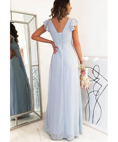 Womens Chiffon Bridesmaid Dresses Long with Pockets Pleated V Neck Formal Party Dress with Short Sleeves AN001 Turquoise $27....