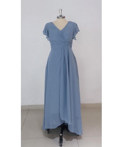 Womens Chiffon Bridesmaid Dresses Long with Pockets Pleated V Neck Formal Party Dress with Short Sleeves AN001 Turquoise $27....