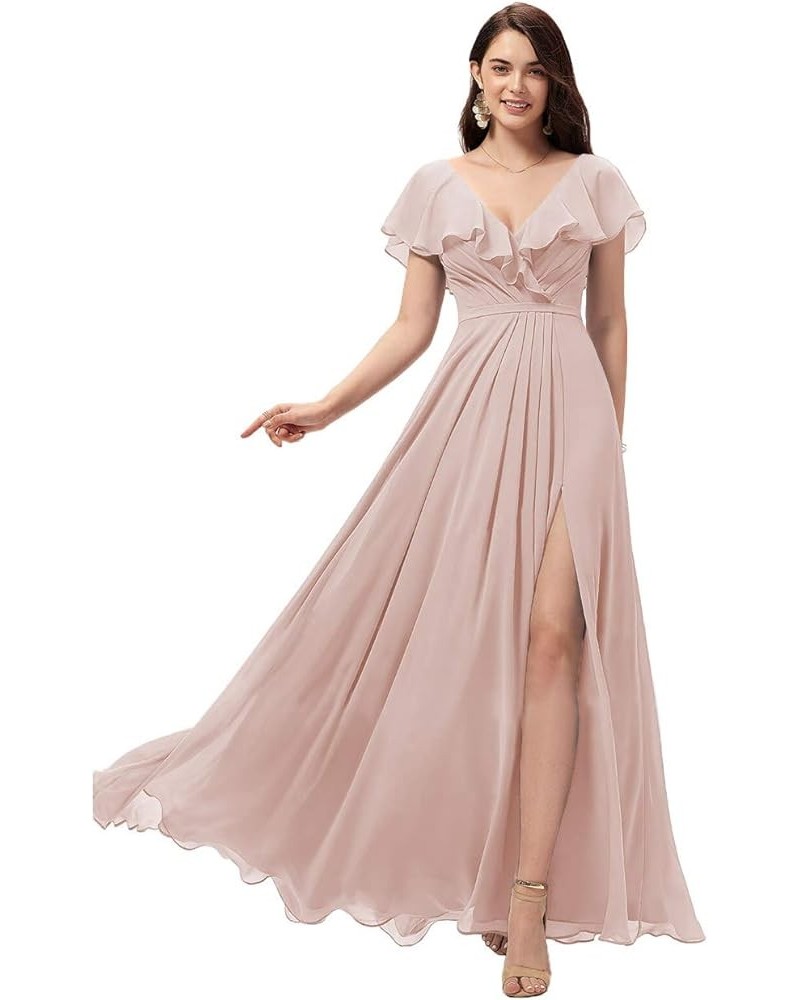 Women's Long V Neck Bridesmaid Dresses with Slit Ruffle Chiffon Formal Evening Gowns YZTS004 Blush $28.60 Dresses