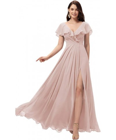 Women's Long V Neck Bridesmaid Dresses with Slit Ruffle Chiffon Formal Evening Gowns YZTS004 Blush $28.60 Dresses