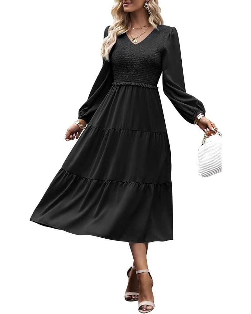 Women's 2024 Casual Long Sleeve Fall Dress Crew Neck High Waist Tiered Smocked Flowy Midi Dresses Black 2 $17.83 Dresses