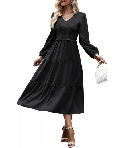 Women's 2024 Casual Long Sleeve Fall Dress Crew Neck High Waist Tiered Smocked Flowy Midi Dresses Black 2 $17.83 Dresses